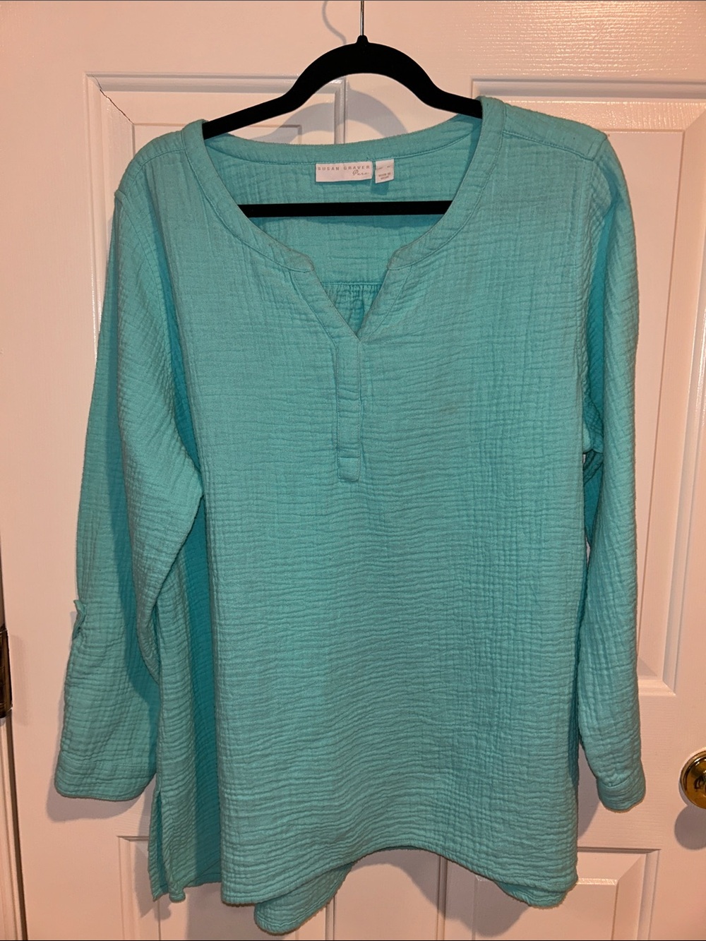 Susan Graver Pure Regular Cotton Split-Neck Tunic - Aqua